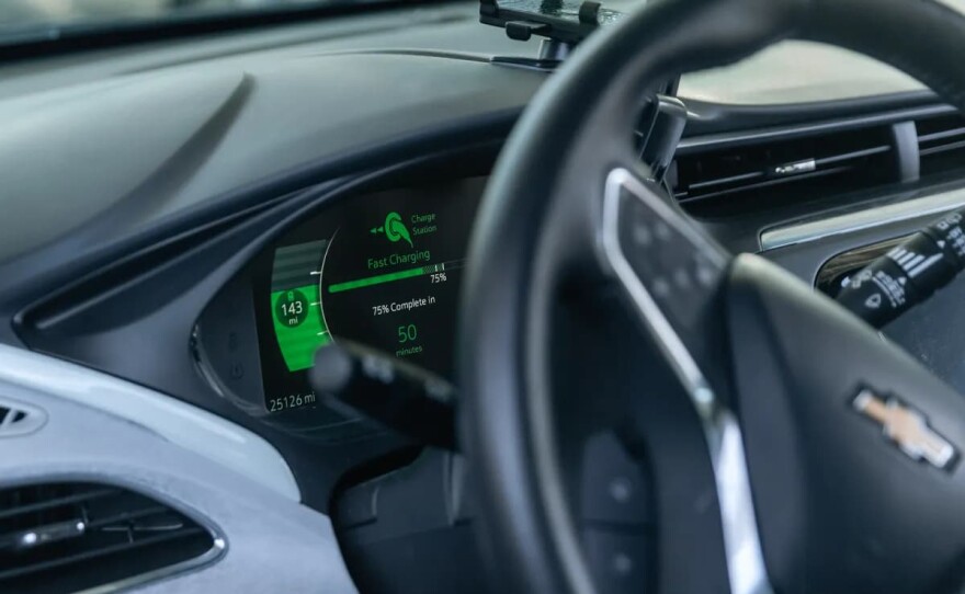 An electric vehicle at a charging station in Los Altos on March 2, 2022.