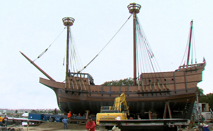 The reconstruction of the San Salvador sits on a trailer and is waiting to be driven onto a floating barge on Monday, July 21, 2015 at Spanish Landing Park.