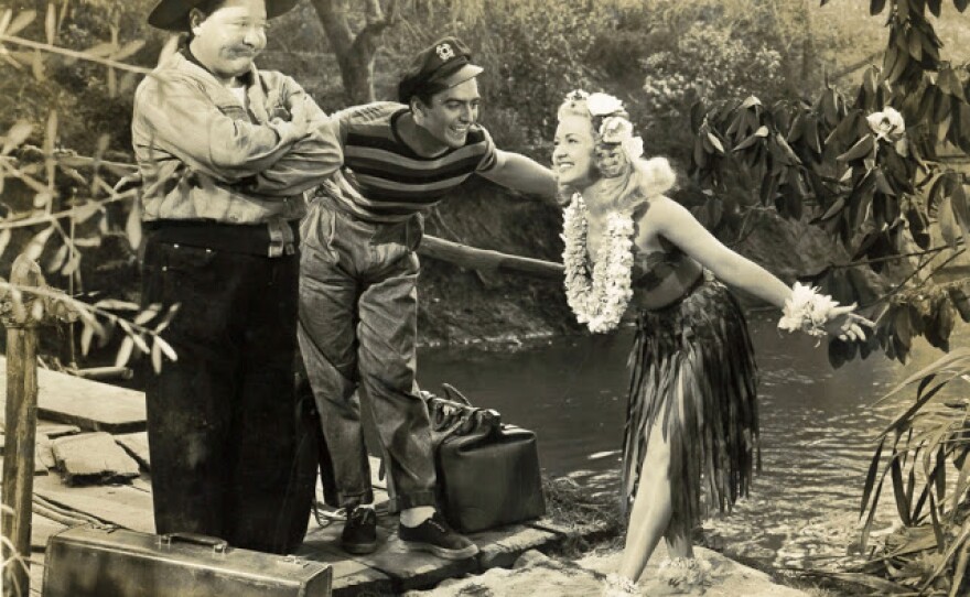 Jackie Oakley, Victor Mature, and Betty Grable in "Song of the Islands" (1942), an example of South Seas Cinema from Hollywood.