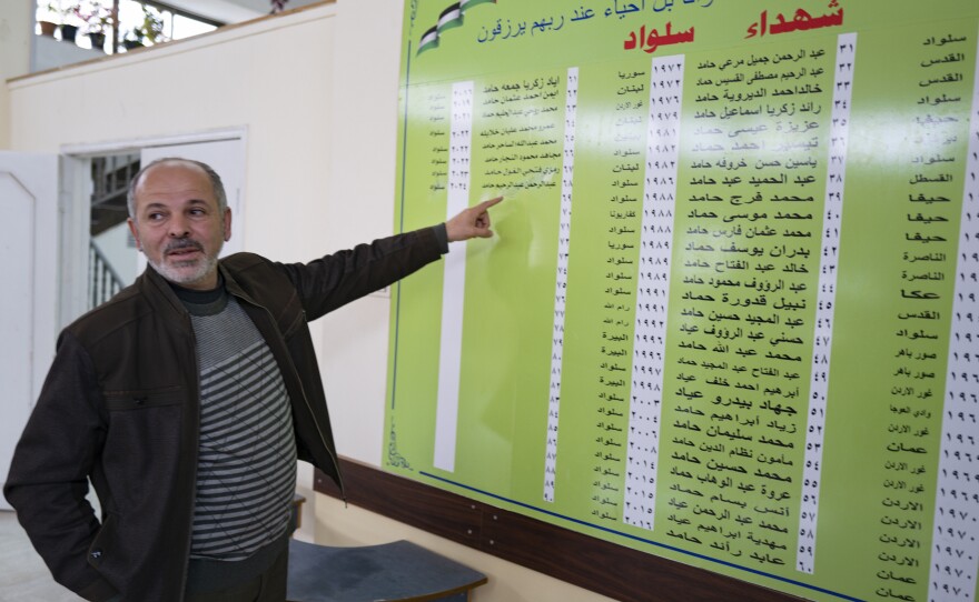 Raed Nimr Hamed, the mayor of Silwad, points out the town's list of those killed while fighting Israel's occupation of the West Bank.
