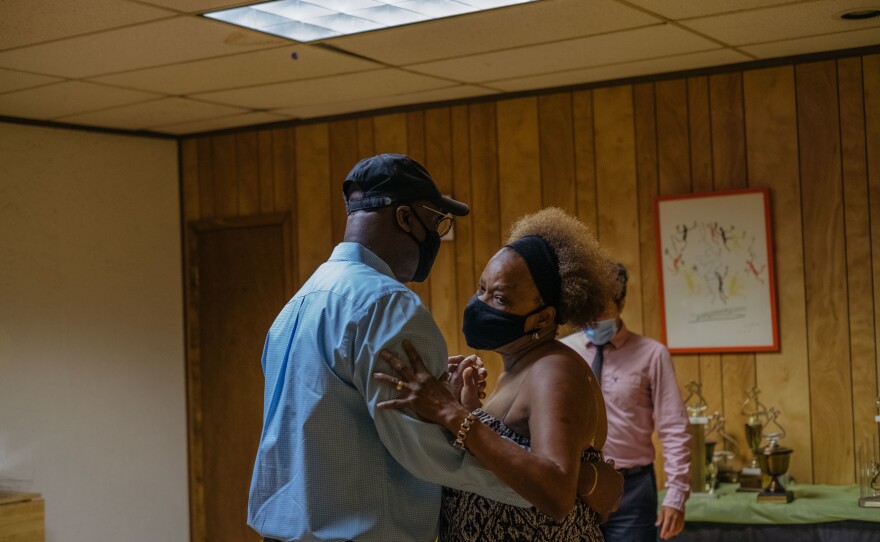 Ballroom dance instructor Richard Larocca leads a private dance lesson. For the first time in five months, Marc and Raymonde Elian attend an in-person dance class at the Arthur Murray Dance Studio in Yonkers, N.Y., in July 2020.