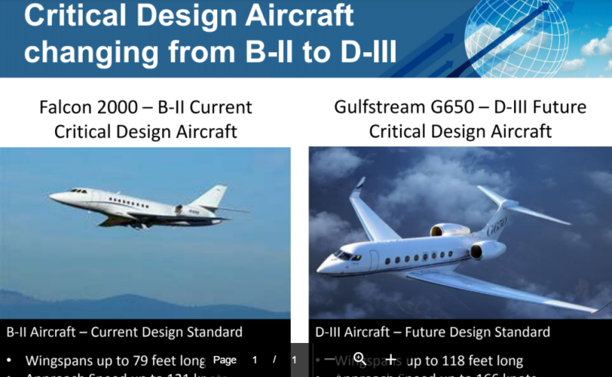 The McClellan-Palomar airport in Carlsbad is currently designed for B-11 class aircraft, but D-111 class aircraft are landing there, January 2018.