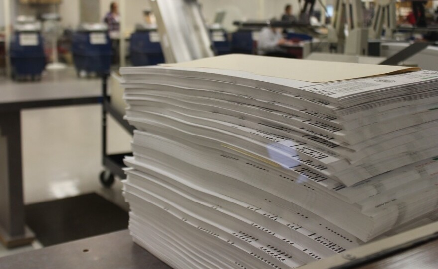 Mock ballots used to test tabulation machines at the Maricopa County Ballot Tabulation Center in Phoenix.