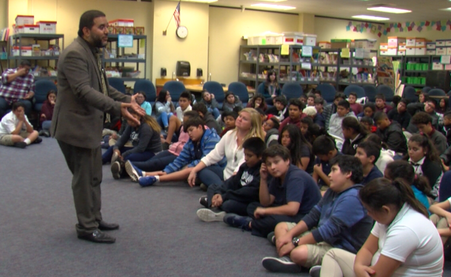 Hanif Mohebi of the Council on American-Islamic Relations speaks to students at Logan Elementary School, Feb. 2, 2017.