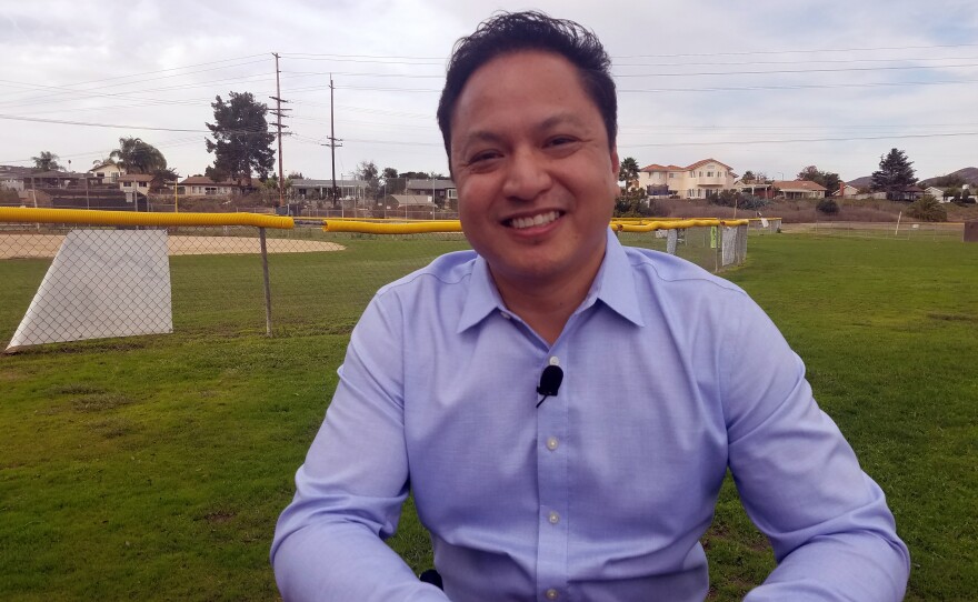 Noli Zosa, a candidate for San Diego City Council District 7, talks at Lake Murray, Dec. 10, 2019.