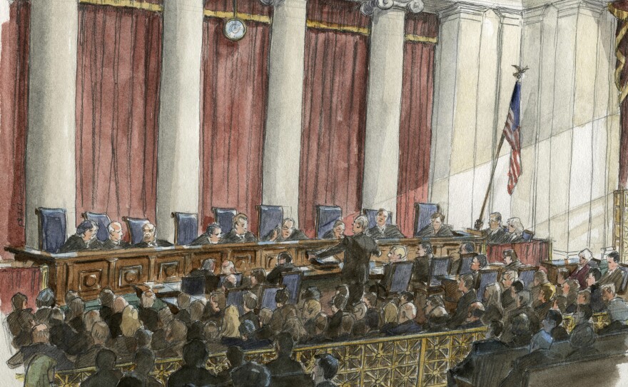 An artist's sketch of the scene during a U.S. Supreme Court hearing earlier this year.