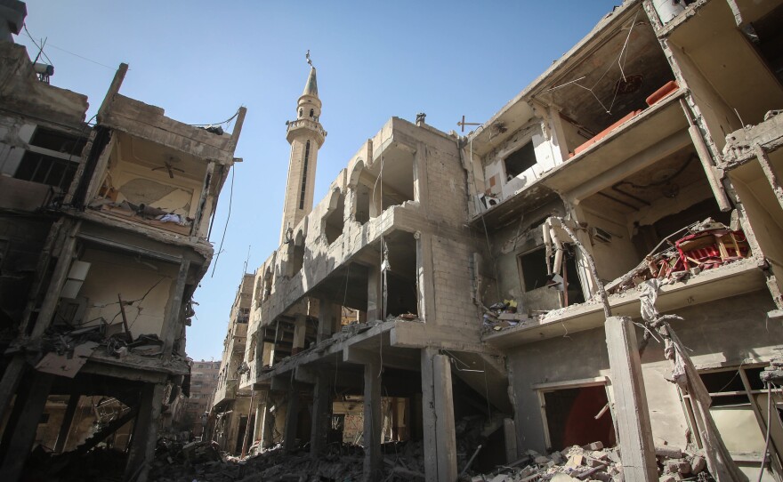 A view of a mosque destroyed by regime forces in Douma, Syria, on March 21, 2018. Douma, on the outskirts of Damascus, was targeted by an air strike carried out by Syrian government forces.