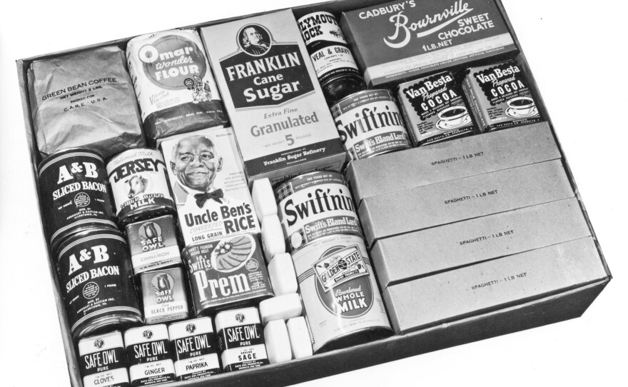 A photograph of a typical CARE package. "My mother, I am so thankful, had a fantastic imagination for how to make things with limited ingredients," recalls Renate Senter, 77. Her family first received one of the parcels in 1946 while living in West Germany, after fleeing Poland.