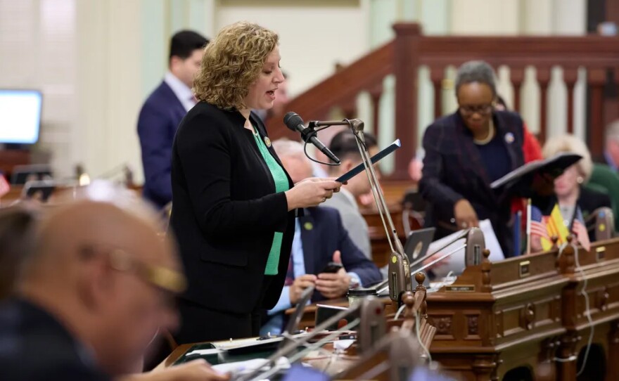 Assemblymember Pilar Schiavo addresses lawmakers during the floor session at the state Capitol in Sacramento on May 16, 2024.