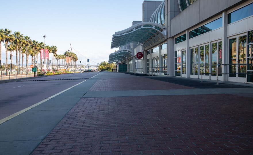 The closed San Diego Convention Center is shown on March 17, 2020.