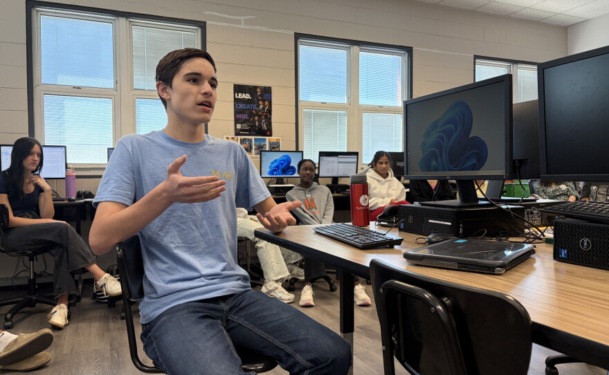Lucas McKinney takes part in a discussion about the outside factors that affect a business and consumers during his AP Business with Personal Finance class at Hoover High School on October 6, 2026.
