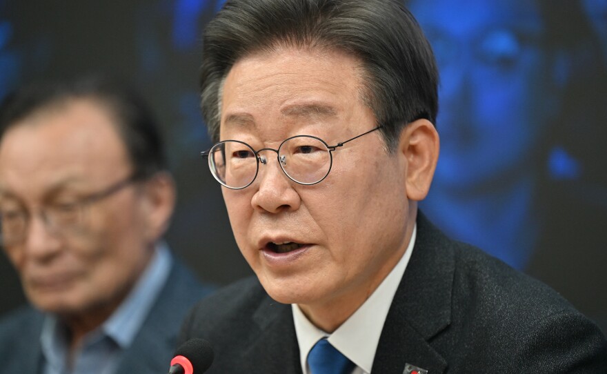 South Korea's main opposition Democratic Party leader Lee Jae-myung speaks during a ceremony to disband the election camp after the parliamentary election at the party's headquarters in Seoul on Thursday.