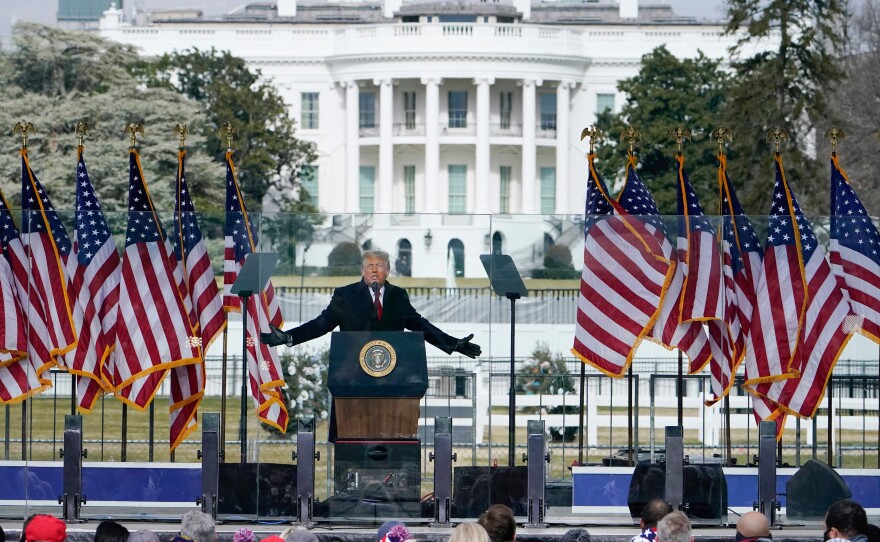 With the White House in the background, President Donald Trump speaks at a rally on Jan. 6, 2021, in Washington.