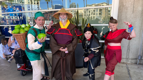A family of "Avatar: The Last Airbender" fans cosplays as characters from the series at Comic-Con on Saturday, July 26, 2025. Even though they missed the 20th anniversary panel on Thursday, David, August, Heather and Audrey still celebrated their love for the show.