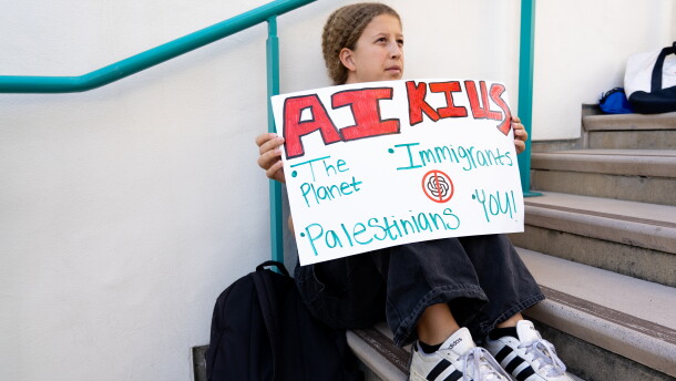 The signs reflected wide-reaching concerns with artificial intelligence at the protest at the SDSU union on Oct. 20, 2026.