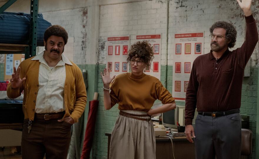 Cornell Womack, Kathryn Hahn and Will Ferrell in <em>The Shrink Next Door</em>.