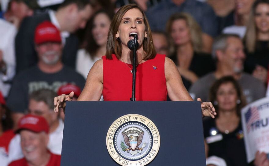 Rep. Martha McSally, R-Ariz, speaks during a rally for President Trump in October. In response to her appointment, McSally said she was "humbled" and looked forward to working with Sen.-elect Kyrsten Sinema, her former opponent.