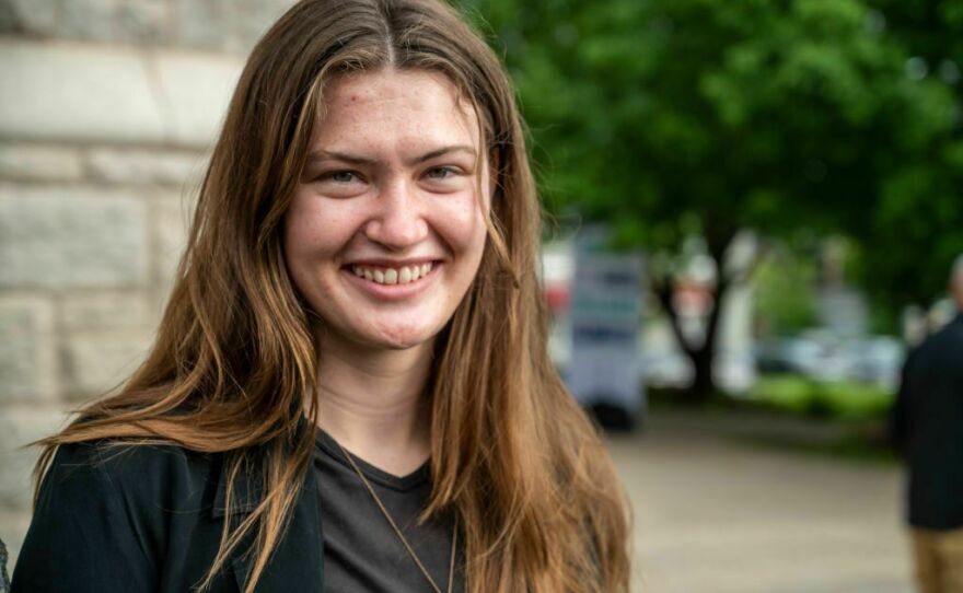 Rikki Held, 22, arrives for the United States' first youth climate-change trial at Montana's 1st Judicial District Court in Helena, Mont., on June 12. She was one of 16 young plaintiffs, ages 5 to 22, who sued the state for promoting fossil fuel energy policies that they say violate their constitutional right to a "clean and healthful environment."