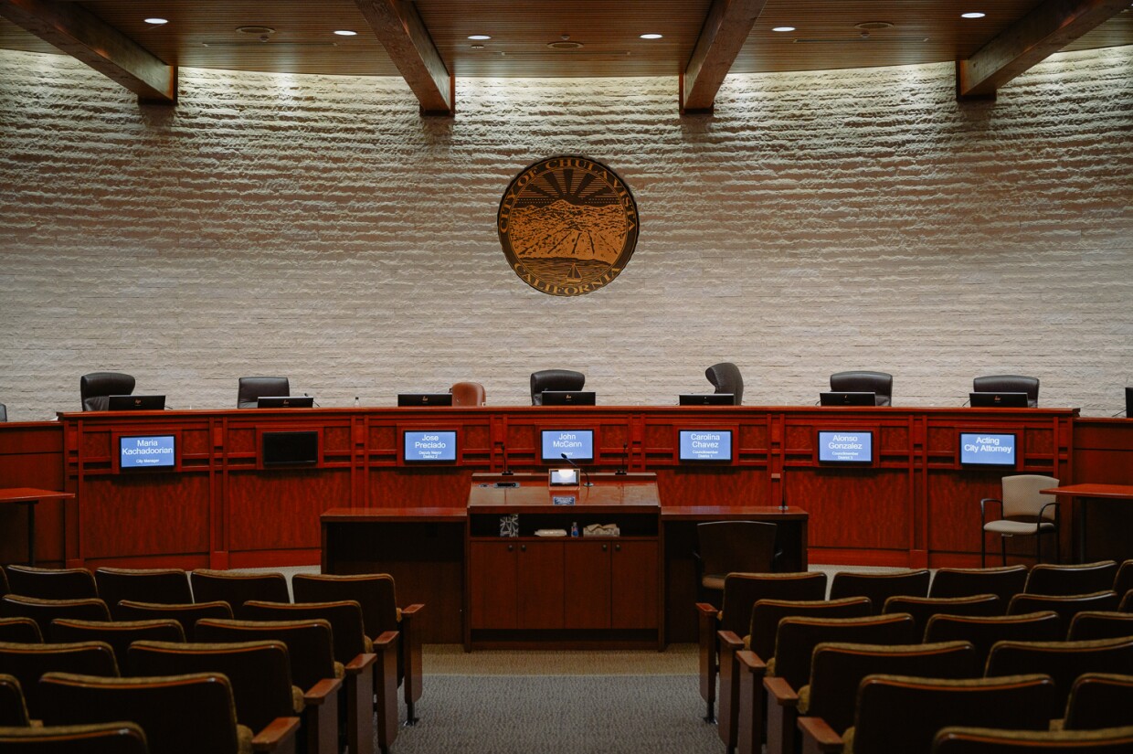 The Chula Vista city council chambers are pictured on Sept. 19, 2023.
