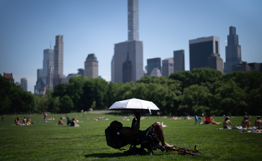 A person uses an umbrella to shield themselves from the sun in Central Park during a heat advisory on May 19 in New York City.