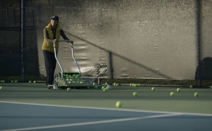 Tammy Redondo is seen pushing a cart full of tennis balls in this undated still from the "Love All" documentary.
