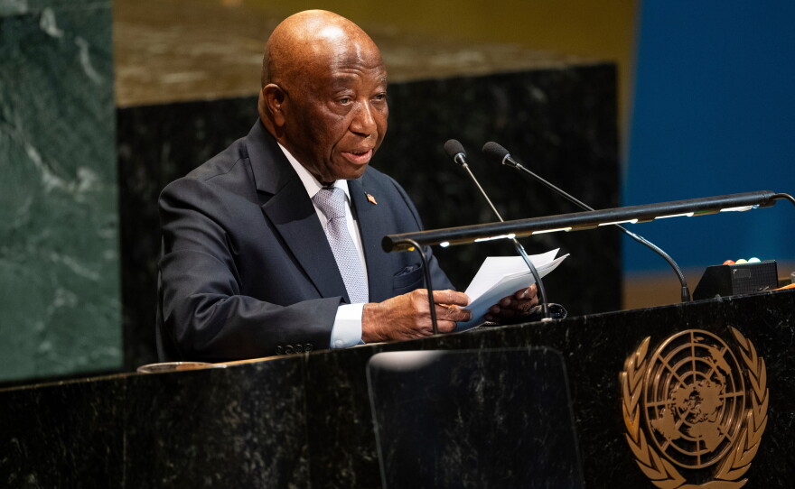 Liberia's President Joseph Boakai addresses the 80th session of the UN General Assembly at United Nations headquarters, Sept. 22, 2025.