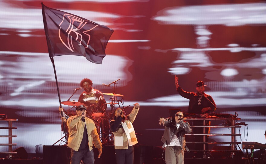 From left: The Lox, Questlove (rear), City Spud and Too Short  onstage during the 65th Grammy Awards on Feb. 5, 2023 in LA.