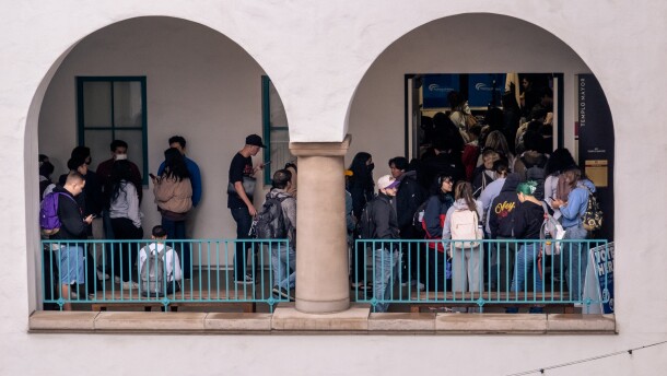 Students crowd into the on-campus polling place at San Diego State University, Nov. 8, 2022.