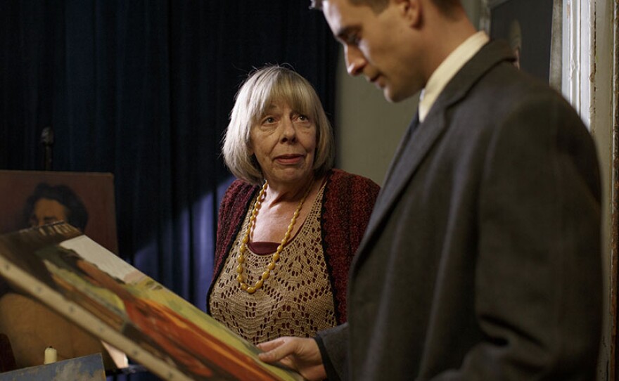 Shown from left to right: Frances de la Tour as Mrs. March and Oliver Jackson-Cohen as Michael Berryman.