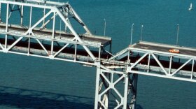 Roadbed collapse near the interface of the cantilever and truss sections of the San Francisco-Oakland Bay Bridge