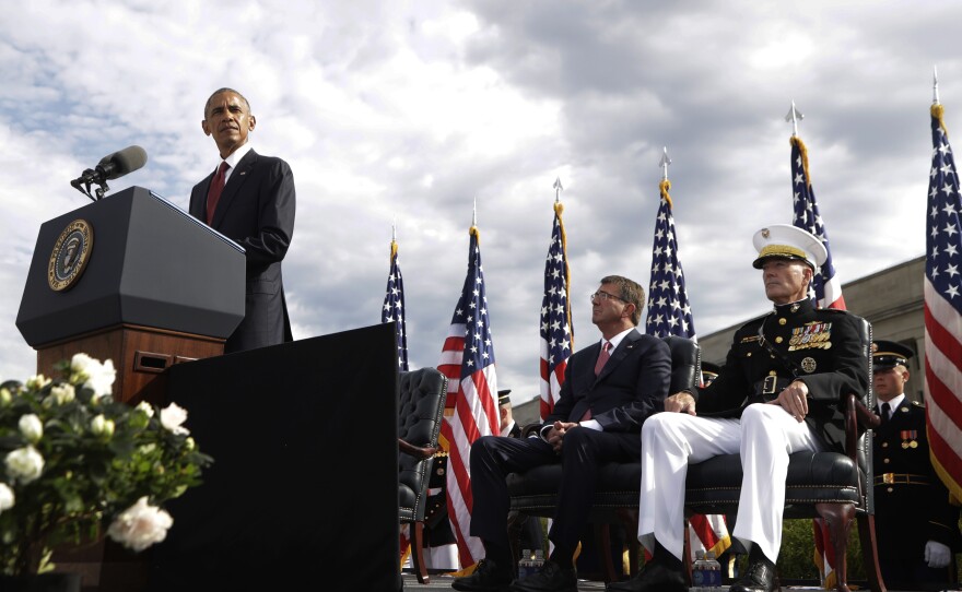 President Barack Obama speaks at a memorial observance ceremony at the Pentagon on Sunday.