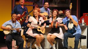 Pictured (L-R): Leonard Patton, Oliver Shirley, Marci Anne Wuebben, Nick Spear, Season Duffy and Jim Mooney in "Pump Boys and Dinettes."