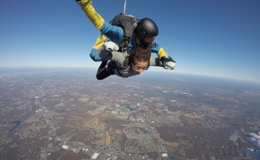 The author skydives over Pennsylvania.