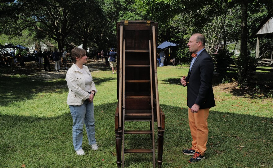 Andrew Holter (right) appraises regency mahogany metamorphic library steps, ca. 1800, May 2, 2023 in Baton Rouge, LA. ANTIQUES ROADSHOW “LSU Rural Life Museum, Hour 2” Premieres Monday, March 11 at 8/7C PM on PBS.