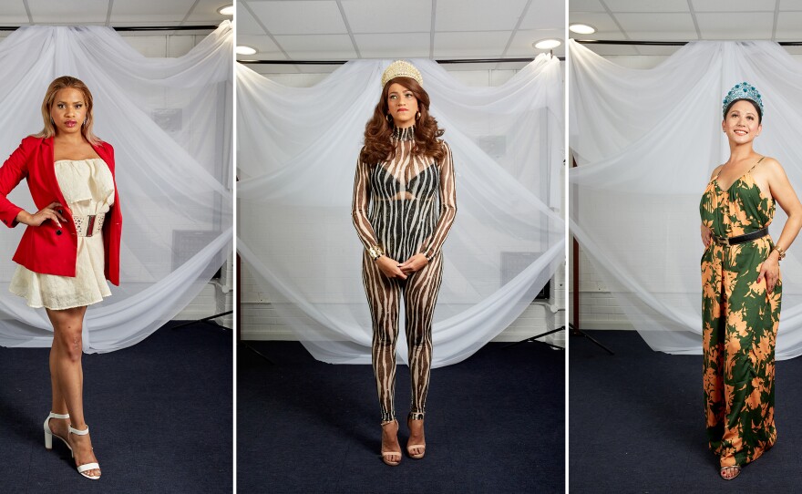 <strong>Left to right:</strong> Miss France, Kevhoney Scarlett; Miss South Africa, Chedino Rodriquez Martin; and, Miss Italy, Rica Quines Santos; on the first day of the Miss Trans Global pageant, backstage at the Rhoda McGaw Theatre in Woking, U.K.