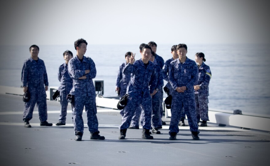 Sailors of the Japanese Maritime Self Defense Force aboard the carrier JS Kaga off the coast of San Diego, Calif. Nov. 6, 2024.
