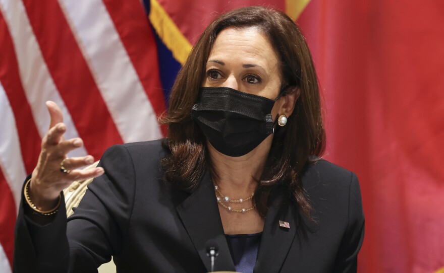 U.S. Vice President Kamala Harris meets with civil society change makers who work on LGBT, transgender, and disability rights and climate change, at the U.S. Chief of Mission's residence in Hanoi, Vietnam, Thursday, Aug. 26, 2021.