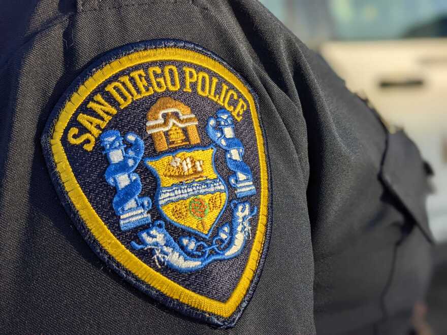 A San Diego police officer's patch in this file photo from March 14, 2022.