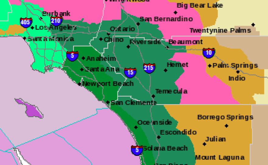 In this map dated Feb. 28, 2014, dark green indicates areas under a flood watch; pink indicates areas under a winter storm warning and; orange indicates areas under a high wind warning. 