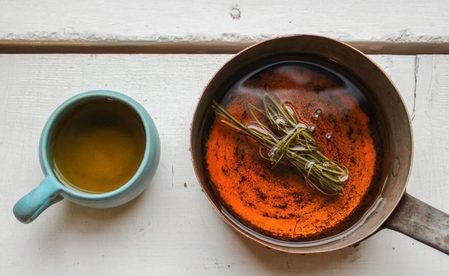 A freshly brewed cup of Navajo tea. This beverage is caffeine-free and tastes earthy and grassy.