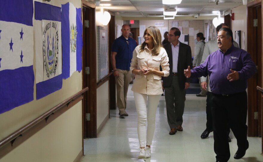 First lady Melania Trump walks through the facility after a round table discussion with doctors and social workers at the Upbring New Hope Childrens Center operated by Lutheran Social Services of the South on Thursday in McAllen, Texas.