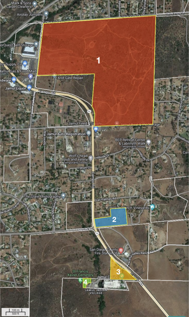 The four highlighted parcels make up the 172 acres that would be put into trust.