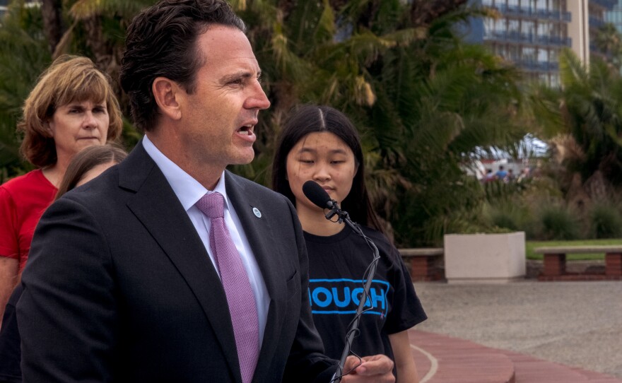 San Diego County Board Supervisor Nathan Fletcher hosted a press conference today calling on county leaders to give their approval allowing county lawyers to look into suing gun manufacturers when their guns are used in mass shootings, San Diego, June 13, 2022.