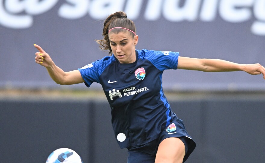 Wave FC's Alex Morgan plays during an NWSL Challenge Cup soccer match against Angel City, Saturday, April 2, 2022, in San Diego.