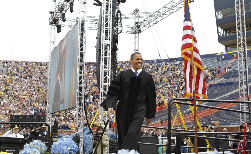 Throughout all his graduation speeches, Obama sounds themes of shared responsibility, as when he told University of Michigan students in 2010 that "government is us."