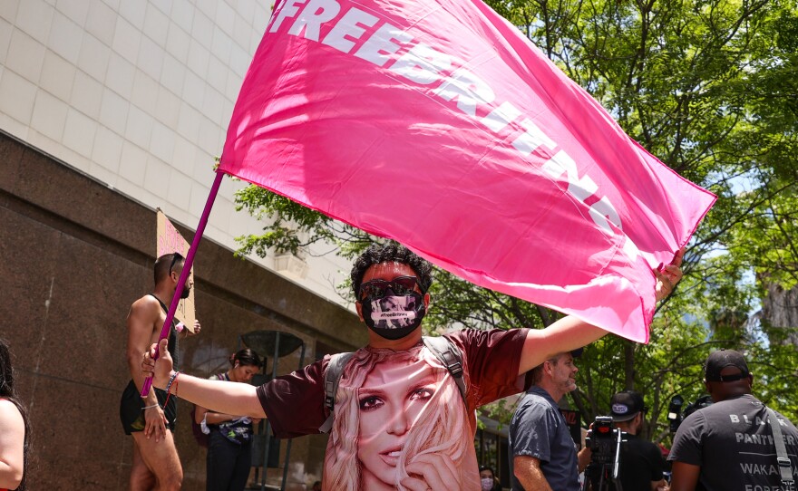 #FreeBritney activists protest at Los Angeles Grand Park during Spears' June 23 conservatorship hearing.