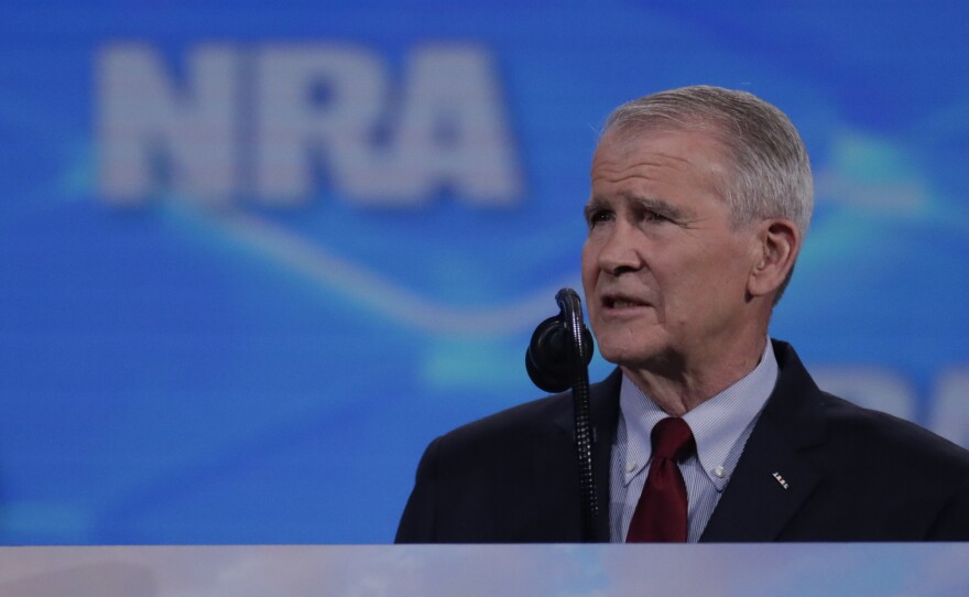 Oliver North speaks at the National Rifle Association Institute for Legislative Action Leadership Forum at Lucas Oil Stadium in Indianapolis on Friday.