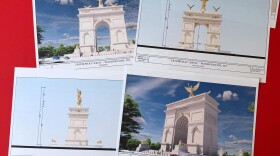 Artist renderings and diagrams for President Trump's proposed triumphal arch released by the U.S. Commission of Fine Arts on April 10, 2026.