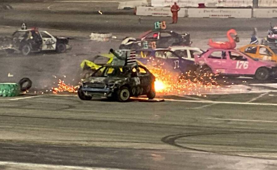 The all-female Demolition Derby at Irwindale Speedway in full swing in this undated photo. 