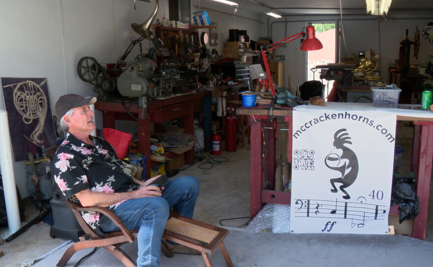 Doug Hall is shown sitting at his business, McCracken Horns in El Cajon on April 21, 2026.